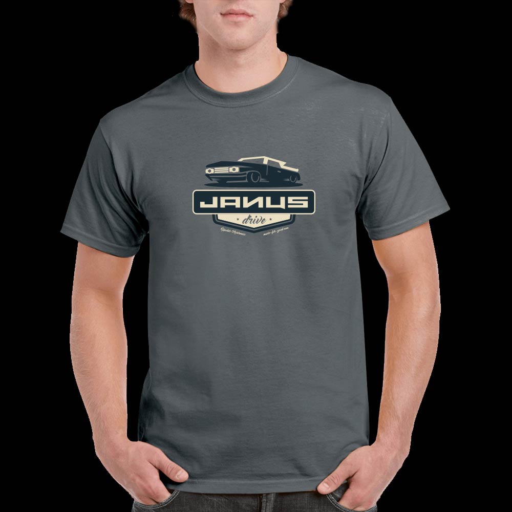Mens Charcoal T-Shirt with Janus "Drive" Artwork